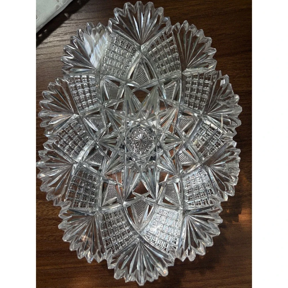 Antique American Brilliant Cut Glass Fan Star Dish, Scalloped Bowl